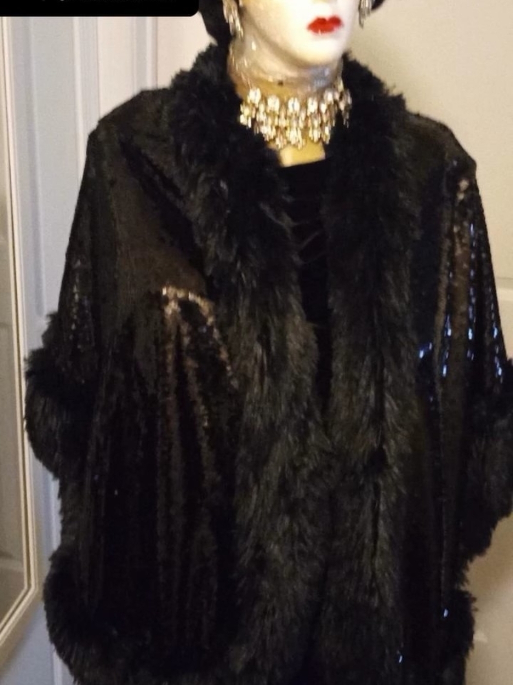SWEETRICHES Black Faux Fur & Sequin Shawl Jacket